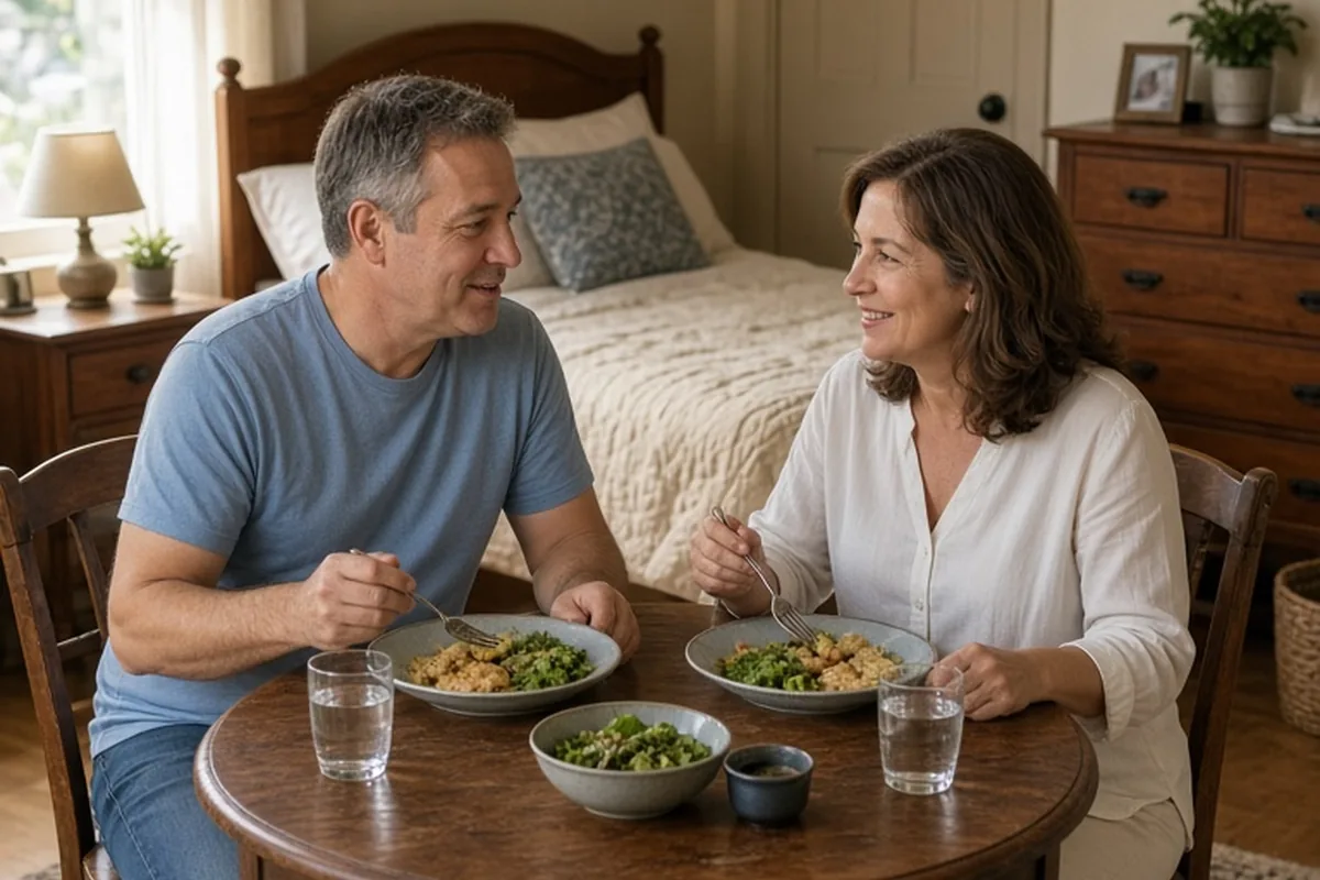 A husband and wife eating dinner at a small table in their private bedroom with the closed door in the background