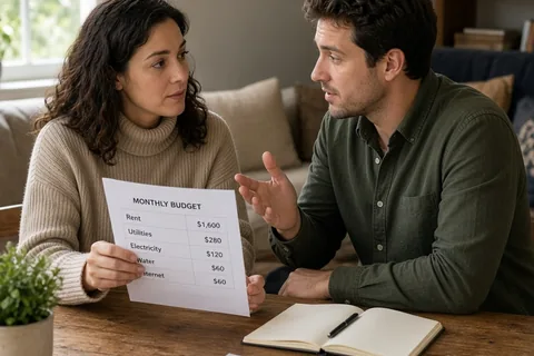 The married couple sitting at a table in a home living room reviewing financial documents