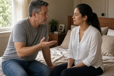 A middle-aged couple sitting on a bed in a bedroom, the man talking to the woman