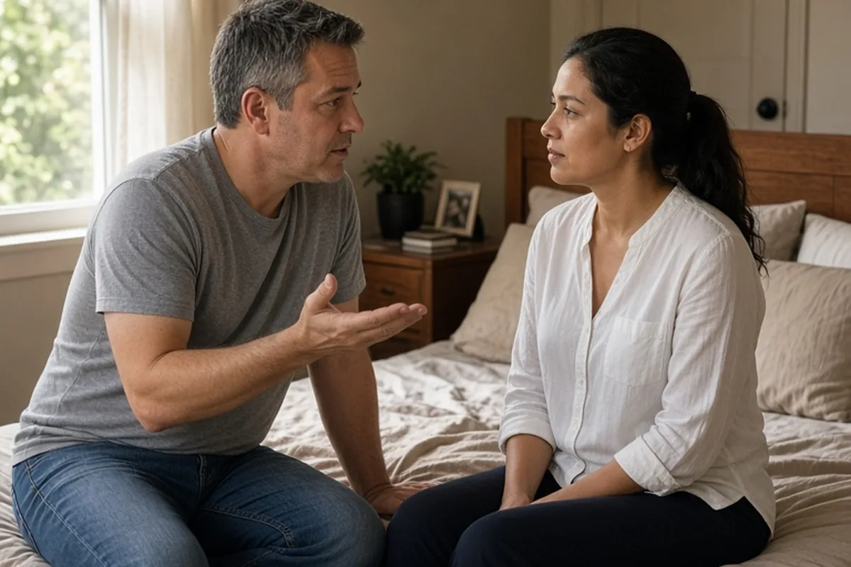 A middle-aged couple sitting on a bed in a bedroom, the man talking to the woman
