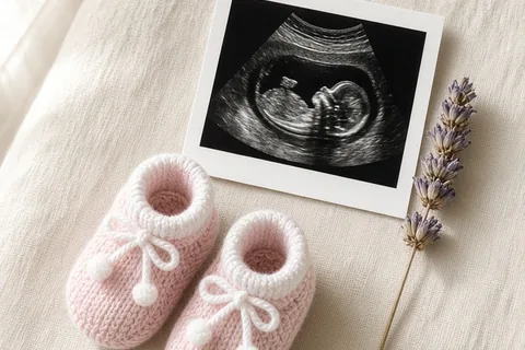 A top-down flat-lay on cream linen featuring a pair of tiny baby booties, a fetal ultrasound image, and a single dried flower