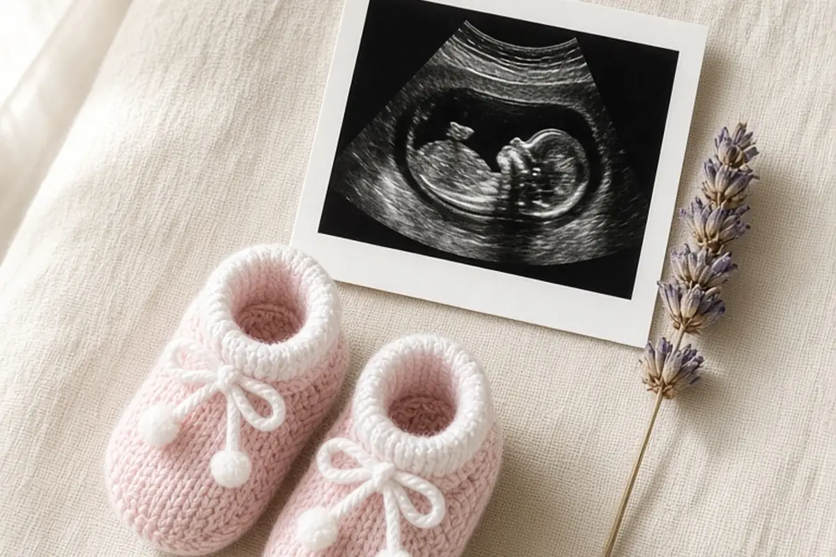 A top-down flat-lay on cream linen featuring a pair of tiny baby booties, a fetal ultrasound image, and a single dried flower
