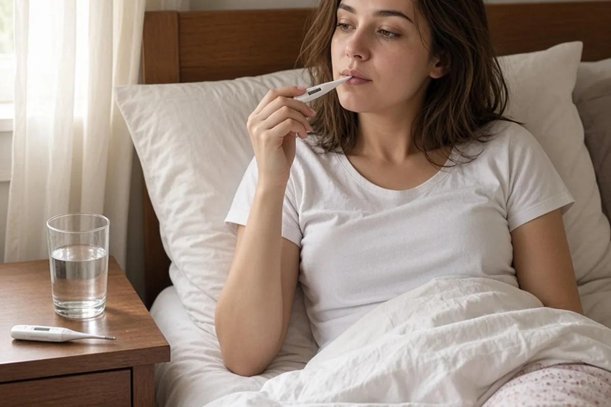 Woman in bed taking her basal body temperature with a digital thermometer