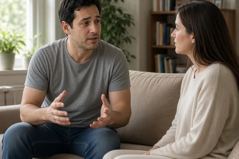 A man in his thirties with short dark hair wearing a simple gray t-shirt and jeans speaks to his partner with long straight brown hair wearing a cream sweater who listens attentively with open posture