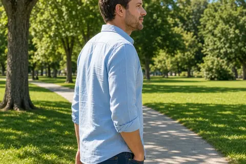 A man walking in a park with his phone in his pocket