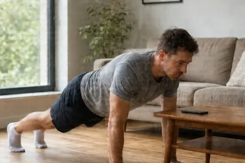 Man in his thirties with short brown hair in t-shirt and athletic shorts sitting on the floor in a living room next to his phone on the coffee table