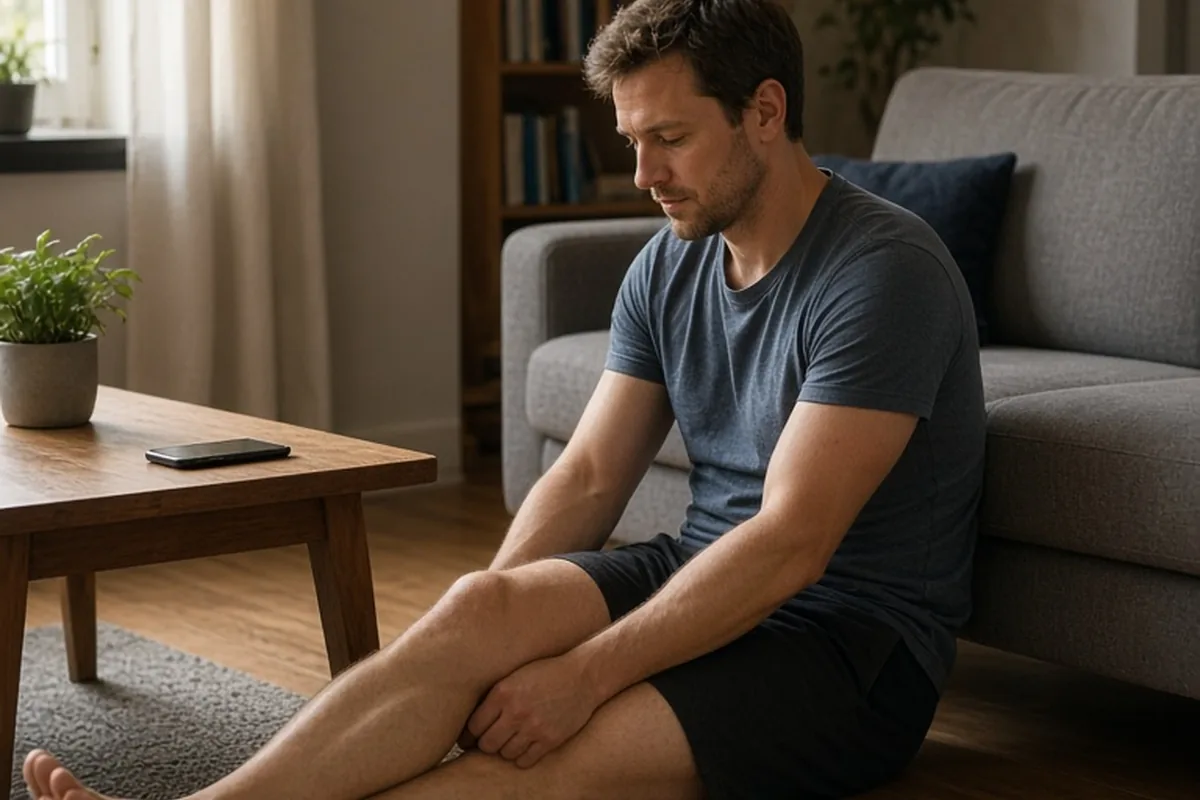 A man in his thirties stretching on the floor of a living room as part of his evening workout, phone on the table, representing the choice to prioritize personal space and self-care in relationships.
