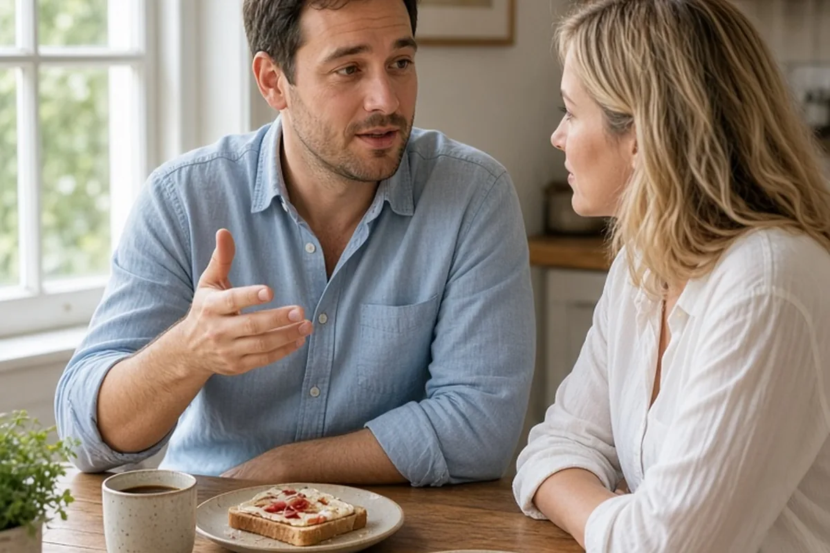 A man and a woman sitting at a breakfast table, the man gesturing as he explains his relationship boundary to his partner