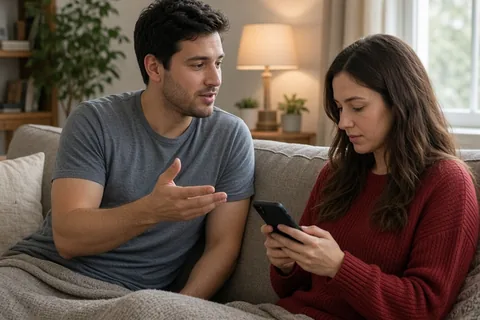 A man and woman sitting on a couch in a living room, the man speaking to the woman who is holding her phone