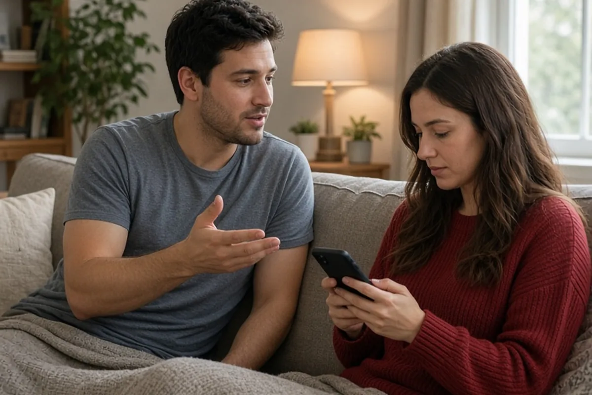 A man and woman sitting on a couch in a living room, the man speaking to the woman who is holding her phone