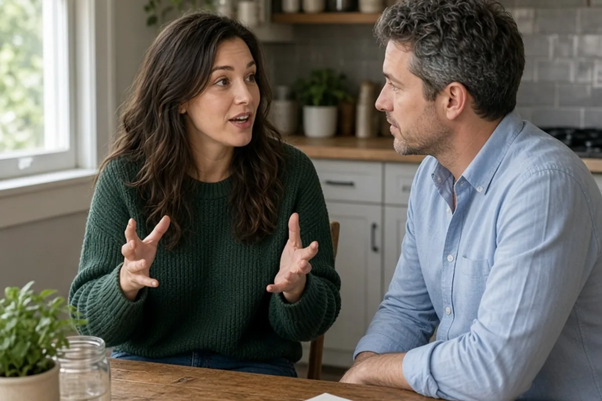 A woman with long wavy brown hair wearing a green sweater sitting at a kitchen table gesturing as she speaks to her partner about dinner plans