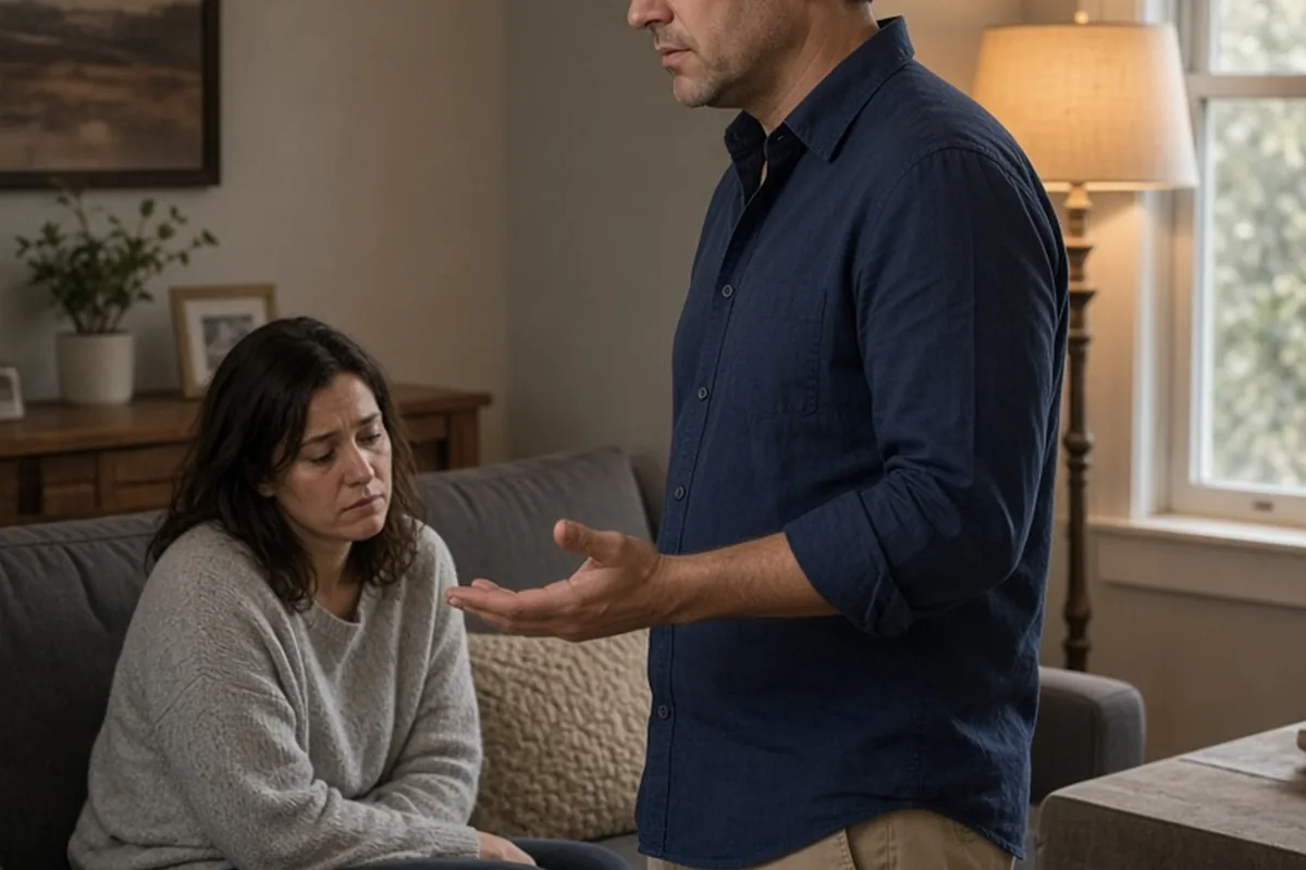 A woman sitting on the couch looking tired after a long workday as a man stands listening to her in a home living room.