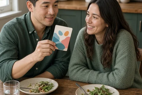 A man and a woman at a dining table with one person holding a card from a deck and the other smiling at it