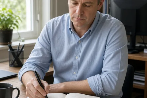 A midlife man in his mid-forties with short graying hair sitting at a wooden desk in a home office, writing in an open journal
