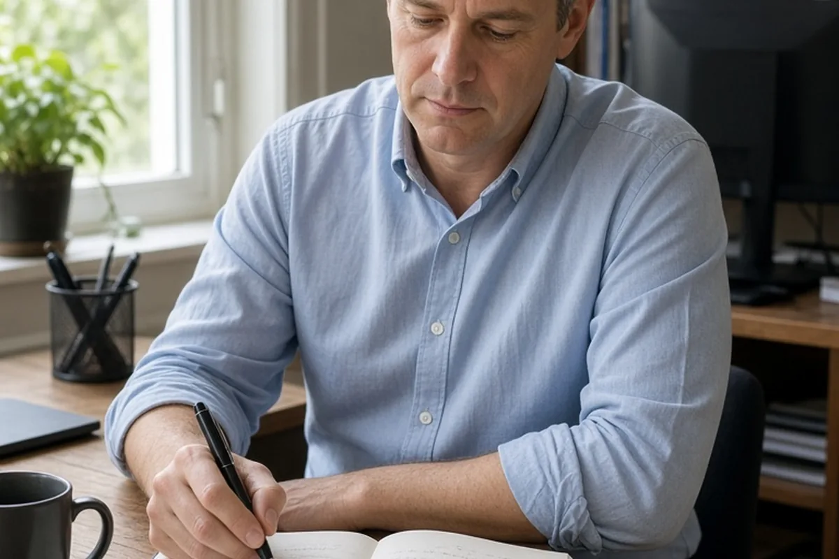 A midlife man in his mid-forties with short graying hair sitting at a wooden desk in a home office, writing in an open journal
