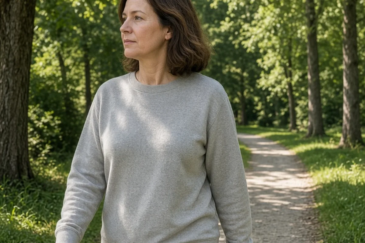 A woman in her early 50s with shoulder-length brown hair walking alone in a park, dressed in a light gray sweatshirt and black leggings under bright morning sunlight