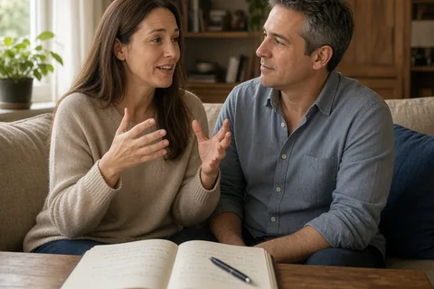 A man and woman sitting on a sofa in a living room, the woman talking about her career dreams while the man listens, with the Love Map questionnaire on the coffee table between them.