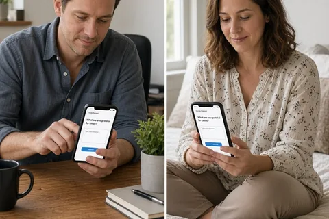A man in his thirties with short brown hair wearing a casual button-down shirt and jeans sits at a wooden desk in a home office holding his smartphone and typing the answer to a daily prompt question,