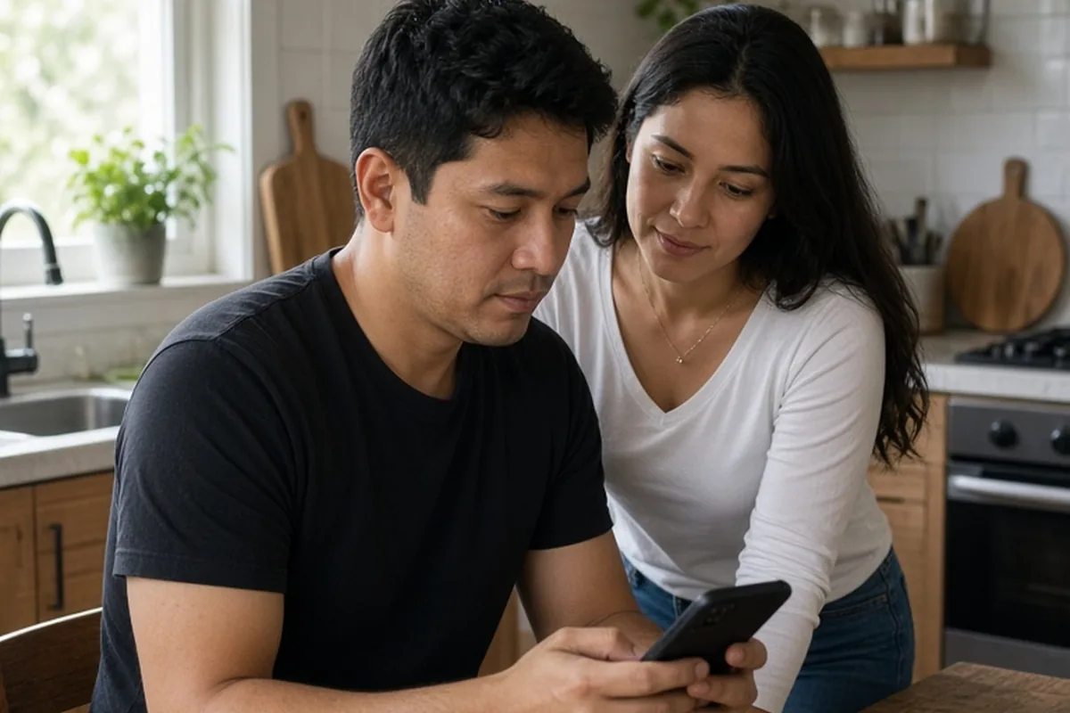 A man sitting at a kitchen table checking his smartphone while a woman stands nearby in a sunlit kitchen