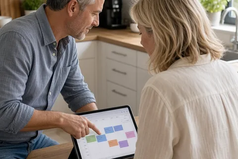 A couple in a modern kitchen standing and looking at a tablet on the counter, viewed from an over-the-shoulder angle behind the woman.