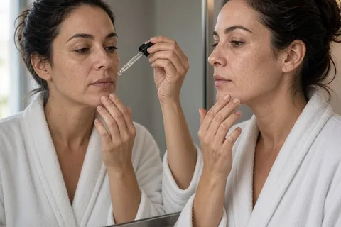 Woman in robe applying salicylic acid serum to jawline with dropper in bathroom mirror