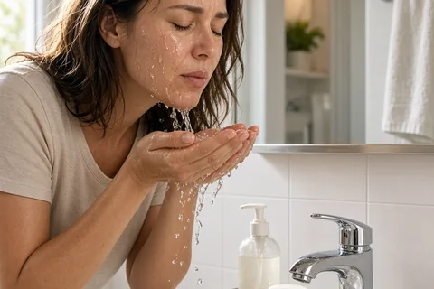 Clearly adult woman in her thirties with shoulder-length brown hair wearing a light beige bathrobe splashing lukewarm water on her face at the bathroom sink using cupped hands