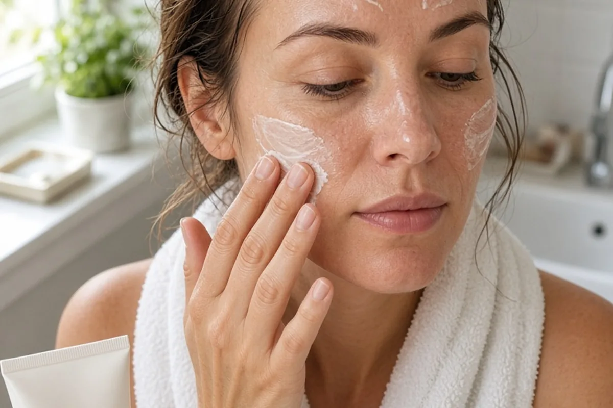 Woman in bathroom applying moisturizer to damp face with fingertips