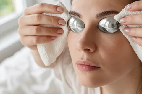 Close-up of hands pressing chilled spoons wrapped in cloth to an adult woman's closed eyes