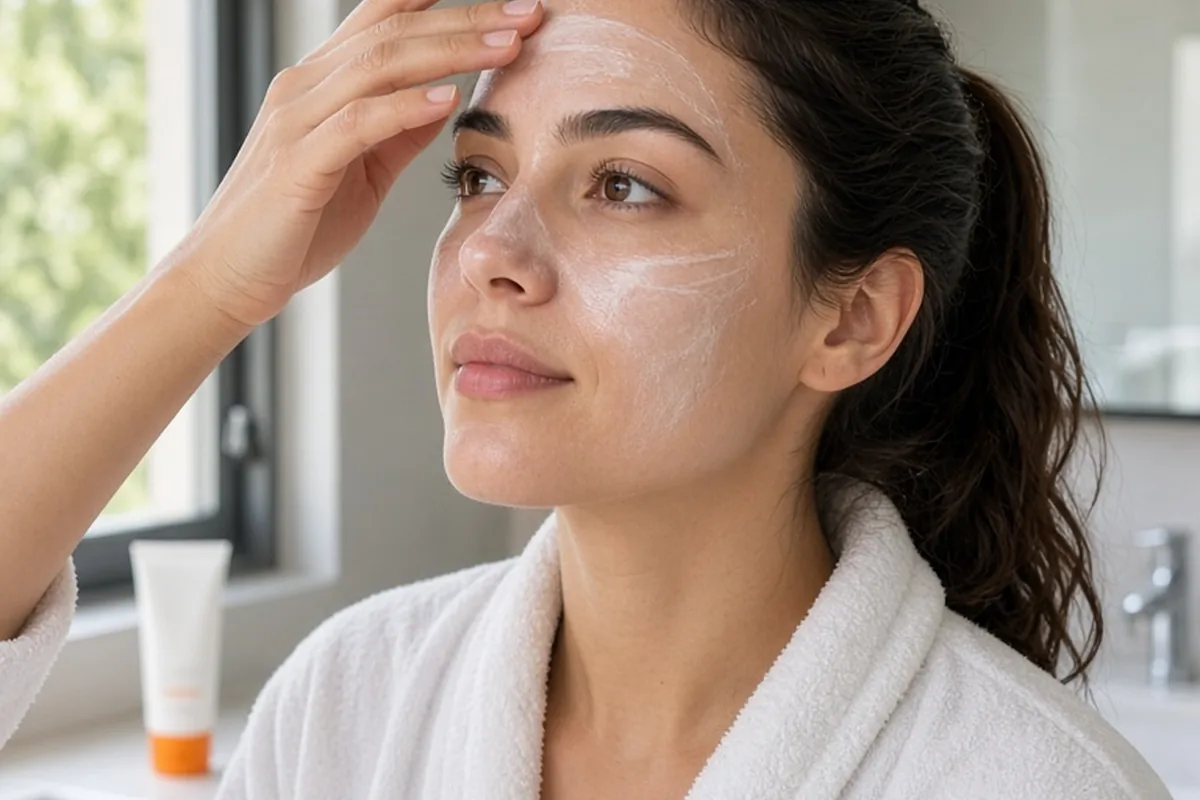 Woman in bathrobe applying white sunscreen to her face and neck with fingertips in front of bathroom mirror