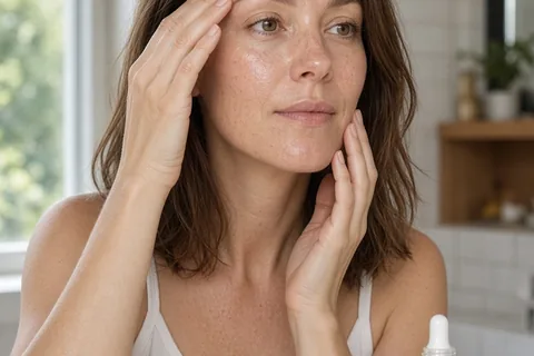 A woman with fair skin and brown hair applies serum to her forehead and cheeks using her fingertips in a home bathroom