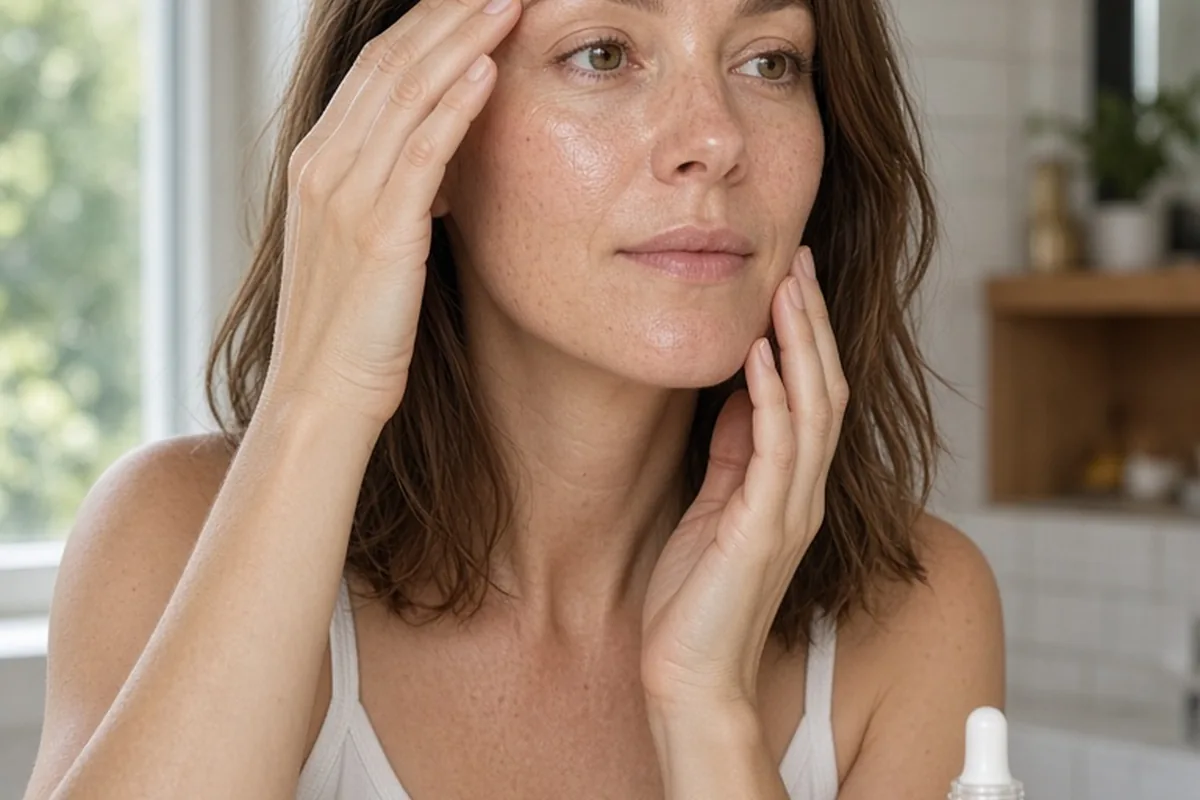 A woman with fair skin and brown hair applies serum to her forehead and cheeks using her fingertips in a home bathroom