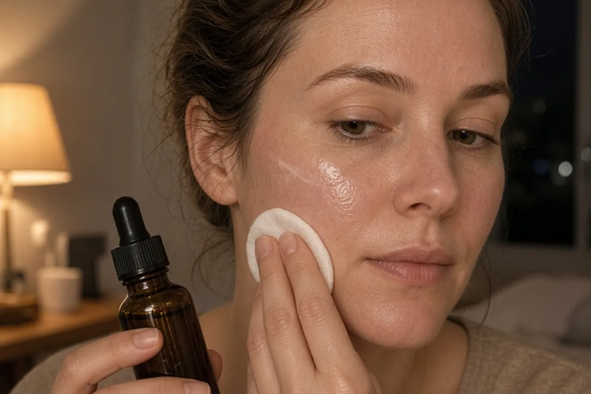 Close-up of a mid-thirties woman with fair skin layering moisturizer and retinol on her cheek using the sandwich method at night