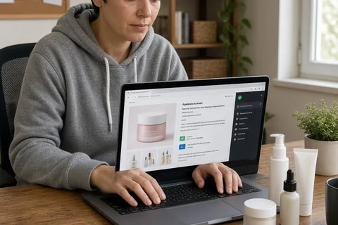 A clearly adult woman in her thirties with short dark hair wearing a casual gray hoodie and jeans sitting at a wooden desk in a home office using her laptop to shop for skincare products through an ac