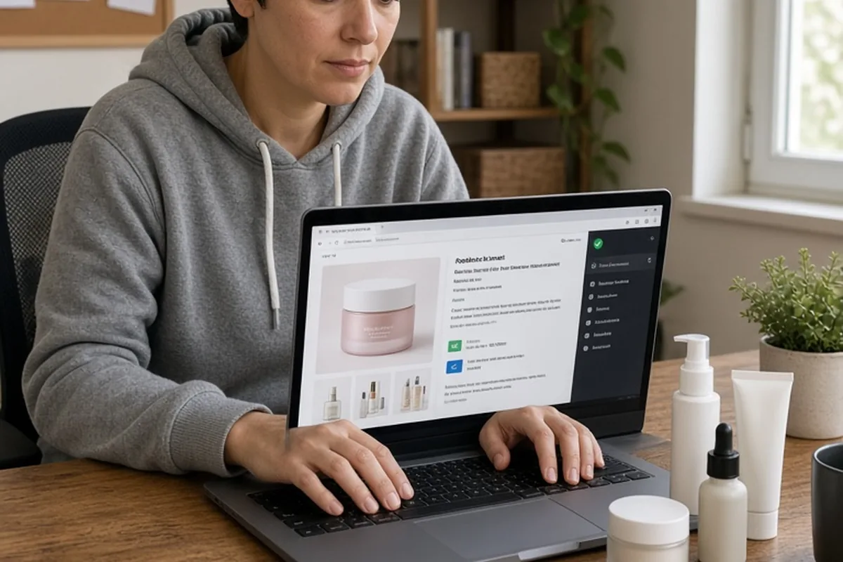 A clearly adult woman in her thirties with short dark hair wearing a casual gray hoodie and jeans sitting at a wooden desk in a home office using her laptop to shop for skincare products through an ac