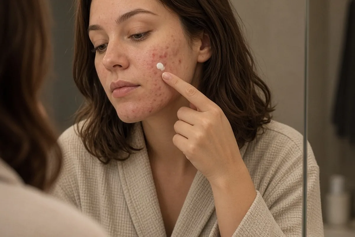 Pregnant woman with brown hair dabbing white foam of 2.5% benzoyl peroxide onto red papules on her jawline while looking in the mirror