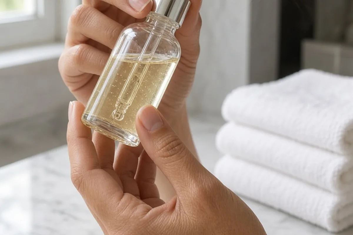A close-up of a woman's hand holding a small clear dropper bottle of pale champagne serum, tilting it slightly to inspect the liquid color in a brightly lit bathroom