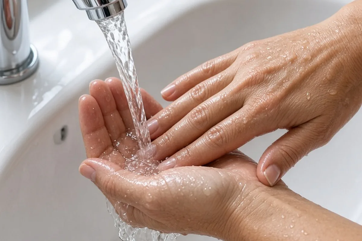 close-up of a woman's hands testing lukewarm faucet water temperature by pressing the inner wrist underneath the stream in a bathroom sink