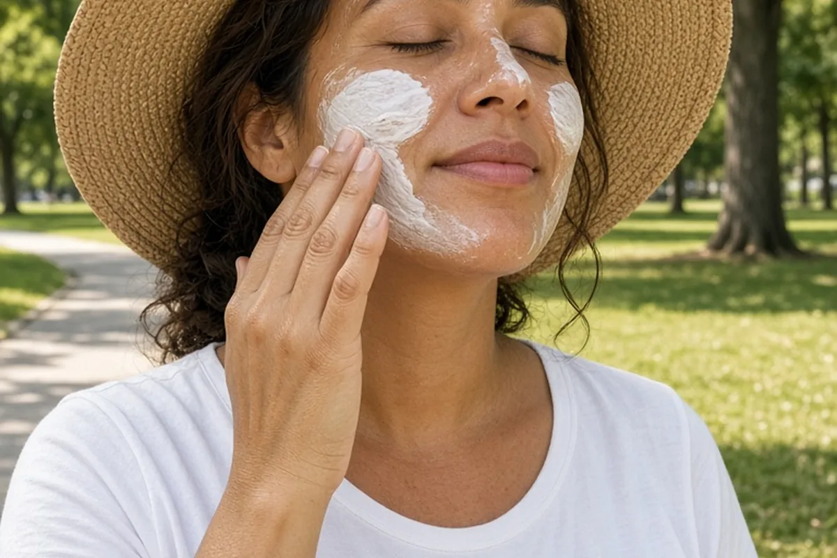 Pregnant woman wearing a wide-brimmed hat applying tinted zinc oxide sunscreen to her face in bright daylight