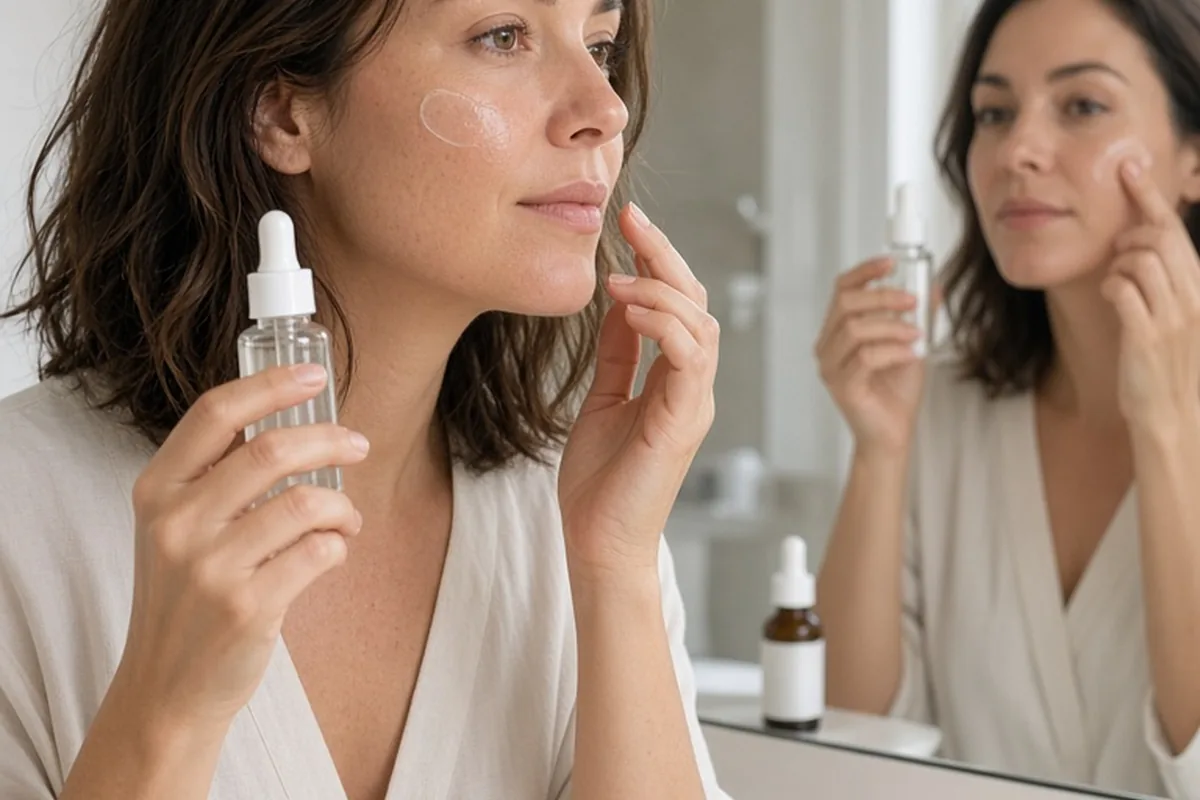 A woman in her thirties applying azelaic acid serum to her face in a mirror with a retinol bottle visible but set aside in the background