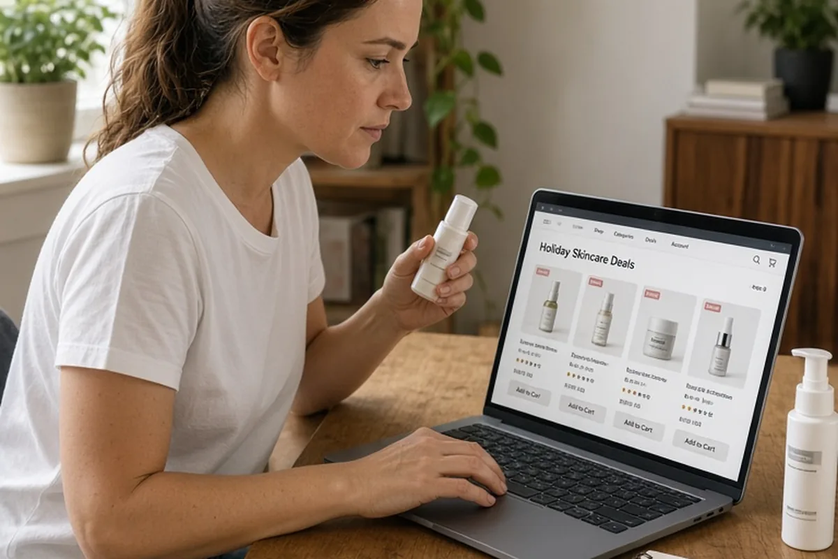 A woman at her home desk reviewing Black Friday skincare deals on her laptop while holding a moisturizer bottle and taking notes.