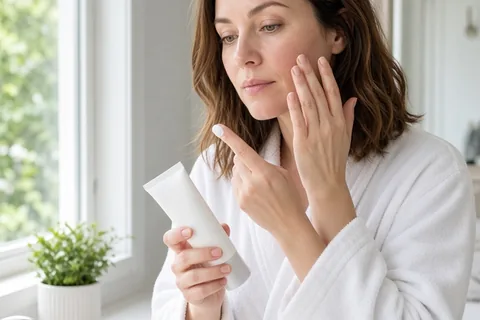 A woman in her thirties applying broad-spectrum sunscreen to her face in a modern bathroom