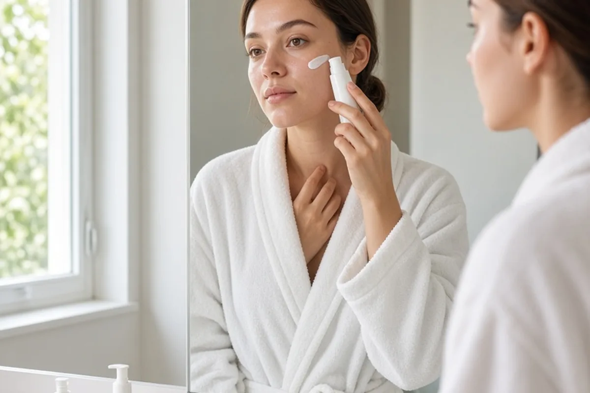 A woman applying sunscreen to her face in a modern bathroom mirror.