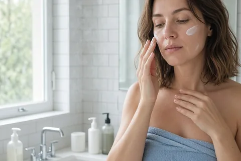 A woman in her mid-thirties with shoulder-length brown hair wrapped in a blue towel applies white moisturizer to her face and neck in a steamy bathroom