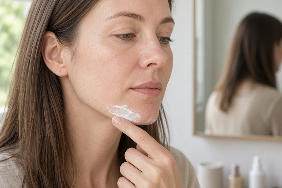 A woman dabbing white sunscreen cream onto her jawline with her finger in front of a bathroom mirror.