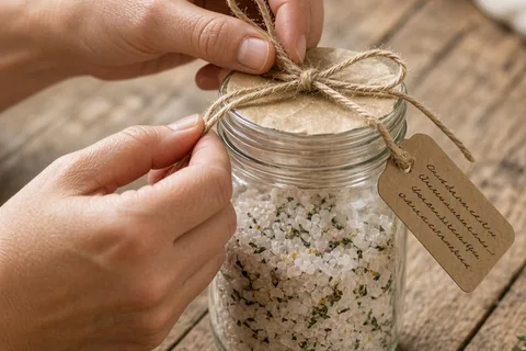Close-up of hands tying twine around a glass jar containing homemade salt with a small card attached on a wooden table