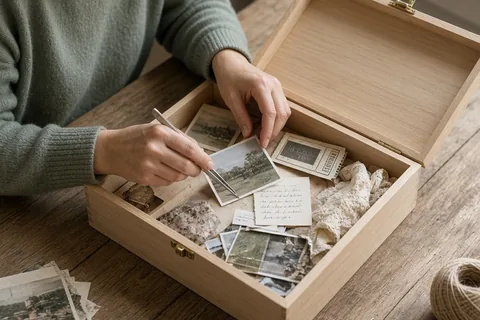 A woman with wavy brown hair carefully arranging a photograph, ticket stub and note inside an open wooden memory box on a craft table