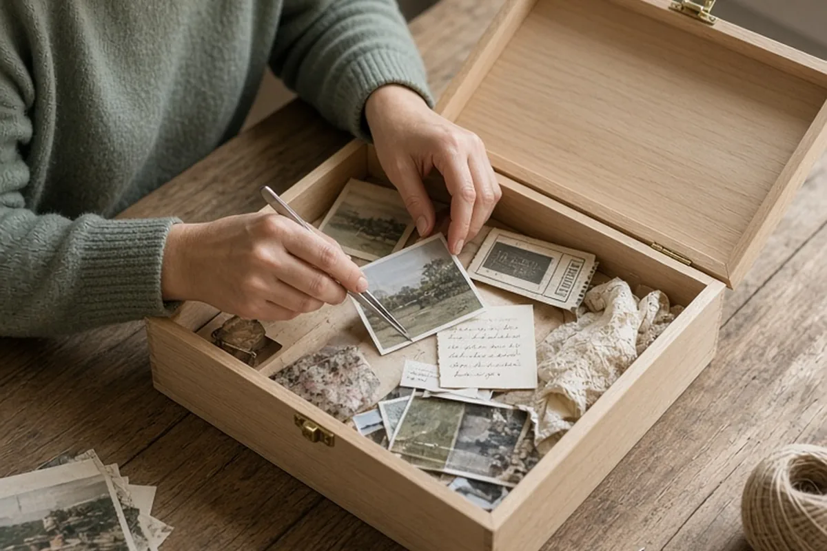 A woman with wavy brown hair carefully arranging a photograph, ticket stub and note inside an open wooden memory box on a craft table