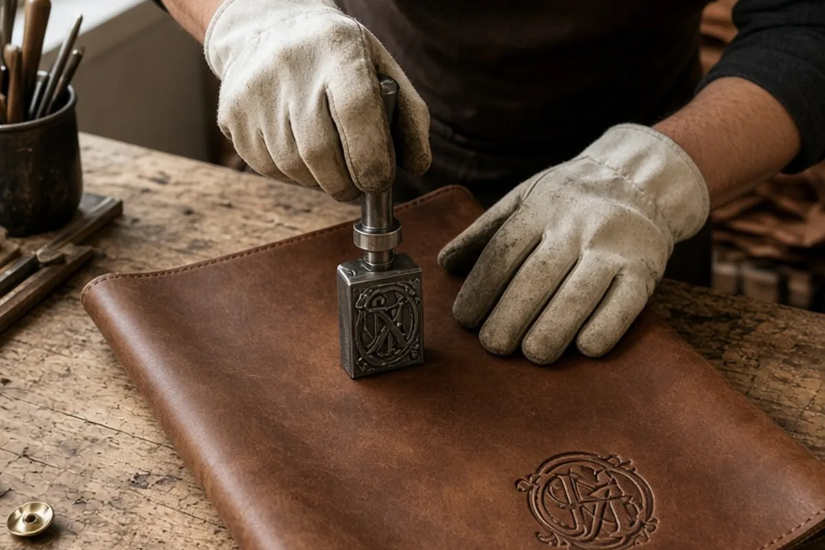 A craftsman pressing a metal stamp onto brown leather on a wooden workbench to create a valet tray with a monogram