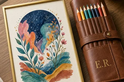 Custom framed art print and leather pencil roll on a wooden desk in a home office