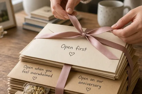 a pair of adult hands tying red ribbon around a stack of labeled open when letter envelopes with the 'Open first' envelope on top